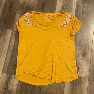 American Eagle Yellow Floral Embroidered V- Neck T-Shirt